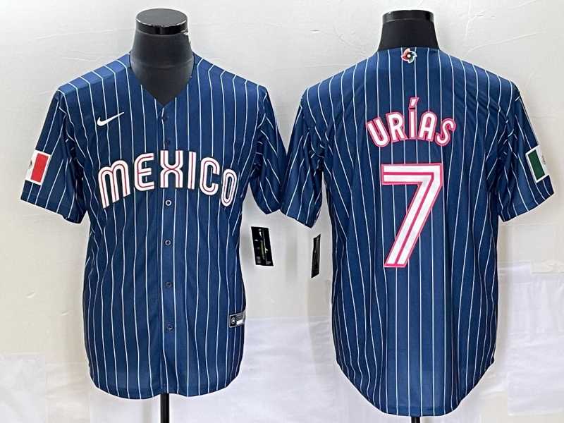 Men%27s Mexico Baseball #7 Julio Urias Navy Blue Pinstripe 2020 World Series Cool Base Nike Jersey->2023 world baseball classic->MLB Jersey